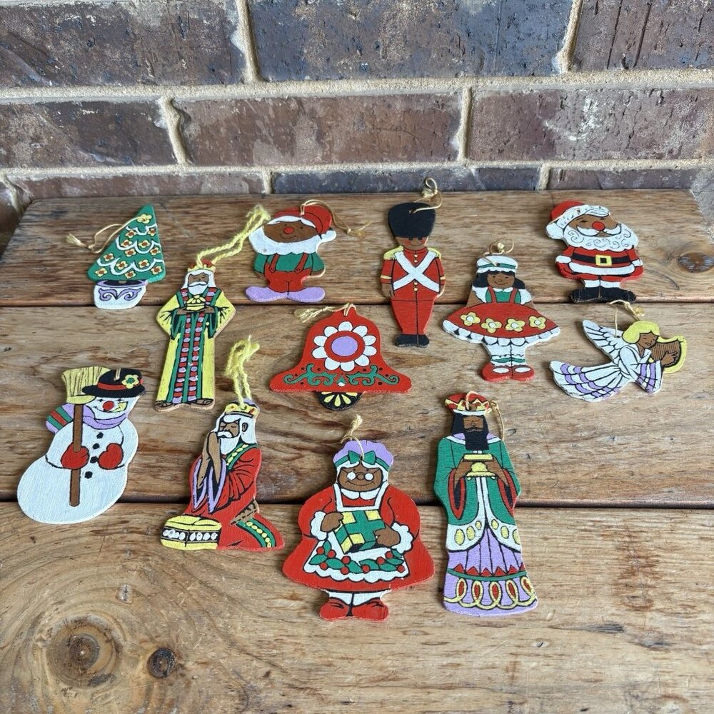 24 1970s Hand Painted Wood Flat Christmas Ornaments Elf Santa Magi Pony Caroler